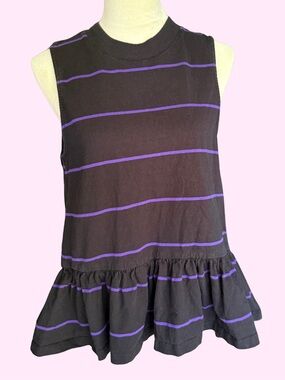Anthropologie Hildi Peplum Purple and Black Striped Tank Top - size Large